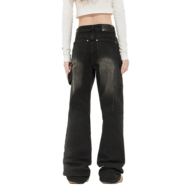 HEZ Custom Women Vintage Style Carpenter Cargo Denim Pants Boot Cut Straight Fit Double Knee Jean Trousers for Women