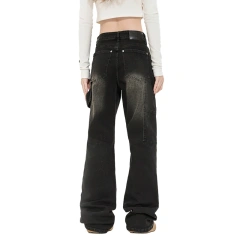 HEZ Custom Women Vintage Style Carpenter Cargo Denim Pants Boot Cut Straight Fit Double Knee Jean Trousers for Women