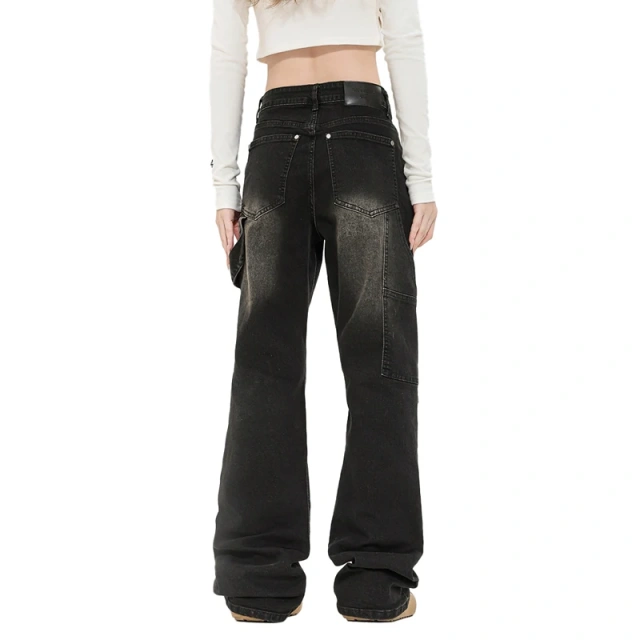 HEZ Custom Women Vintage Style Carpenter Cargo Denim Pants Boot Cut Straight Fit Double Knee Jean Trousers for Women