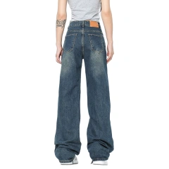 HEZ American style blue washed damaged rip holes denim jeans women loose straight fit baggy jeans ladies pants trouser