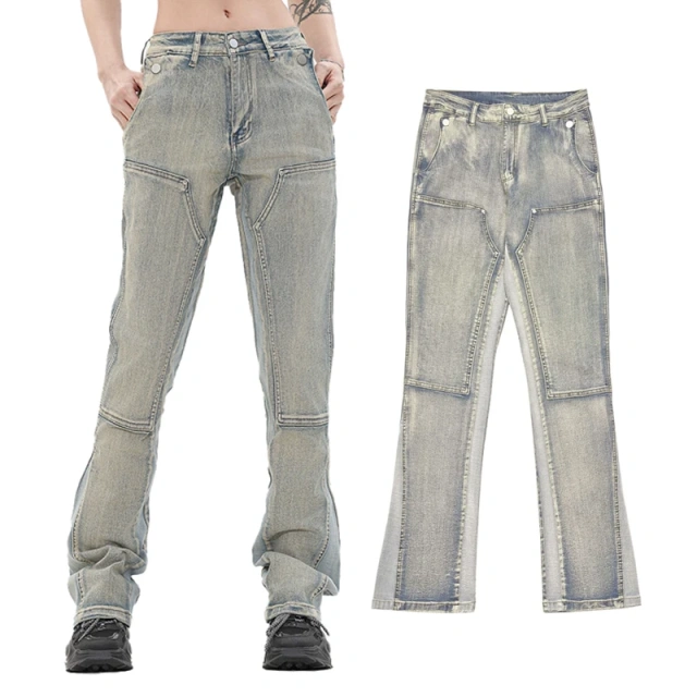 HEZ Garment manufacture Women's plain blank Vintage streetwear boot cut denim pants Straight fit flare leg jeans