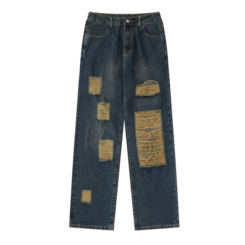 HEZ American style blue washed damaged rip holes denim jeans women loose straight fit baggy jeans ladies pants trouser