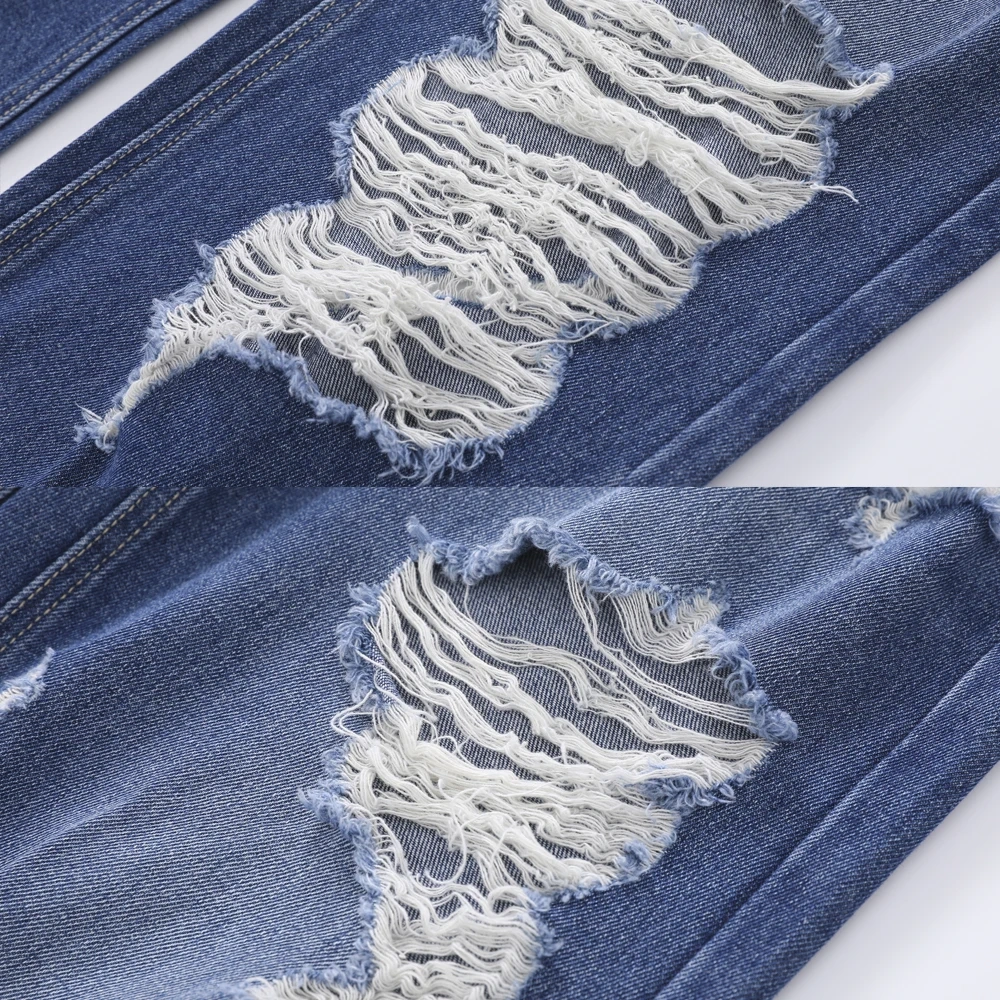 HEZ New arrival women fashion heavy distressed ripped holes jeans denim vintage loose fit straight leg jeans for ladies