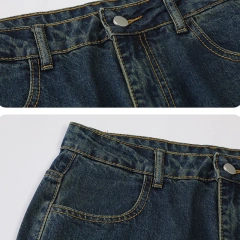 HEZ American style blue washed damaged rip holes denim jeans women loose straight fit baggy jeans ladies pants trouser
