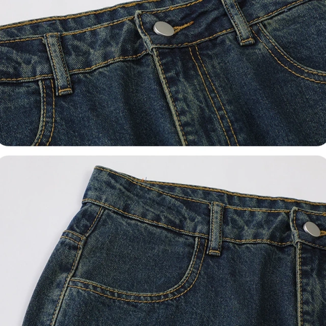 HEZ American style blue washed damaged rip holes denim jeans women loose straight fit baggy jeans ladies pants trouser