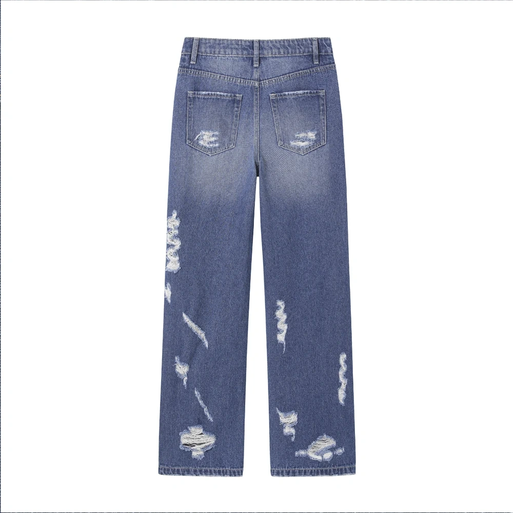 HEZ New arrival women fashion heavy distressed ripped holes jeans denim vintage loose fit straight leg jeans for ladies