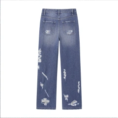 HEZ New arrival women fashion heavy distressed ripped holes jeans denim vintage loose fit straight leg jeans for ladies