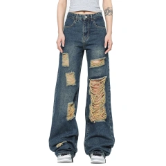 HEZ American style blue washed damaged rip holes denim jeans women loose straight fit baggy jeans ladies pants trouser