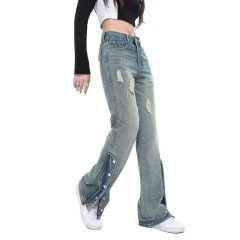 HEZ New Fashion High Waist Long Pants Women Distressed Straight Fit Denim Jeans Women Denim Ladies Boyfriend Jeans