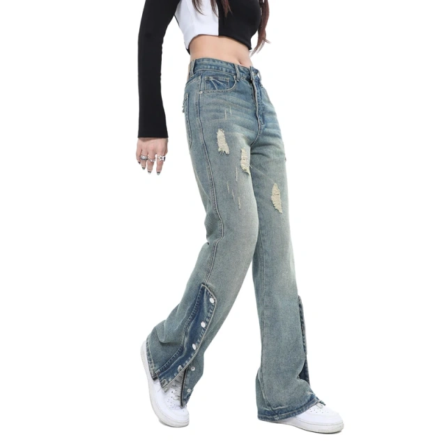 HEZ New Fashion High Waist Long Pants Women Distressed Straight Fit Denim Jeans Women Denim Ladies Boyfriend Jeans