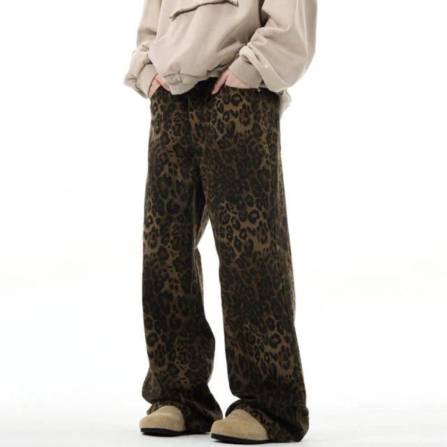 HEZ Fashion 2024 Vintage Leopard Print Leisure Mop Trousers Jeans Custom Logo Loose Baggy Jeans for Women