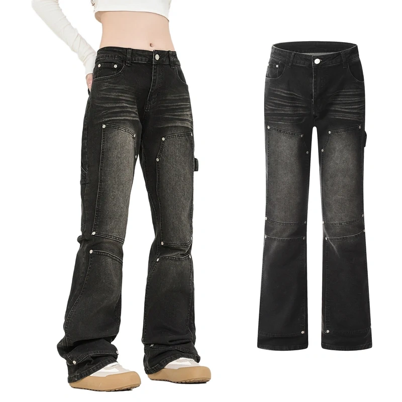 HEZ Custom Women Vintage Style Carpenter Cargo Denim Pants Boot Cut Straight Fit Double Knee Jean Trousers for Women