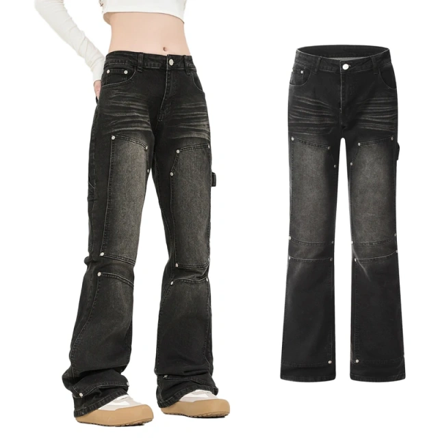 HEZ Custom Women Vintage Style Carpenter Cargo Denim Pants Boot Cut Straight Fit Double Knee Jean Trousers for Women