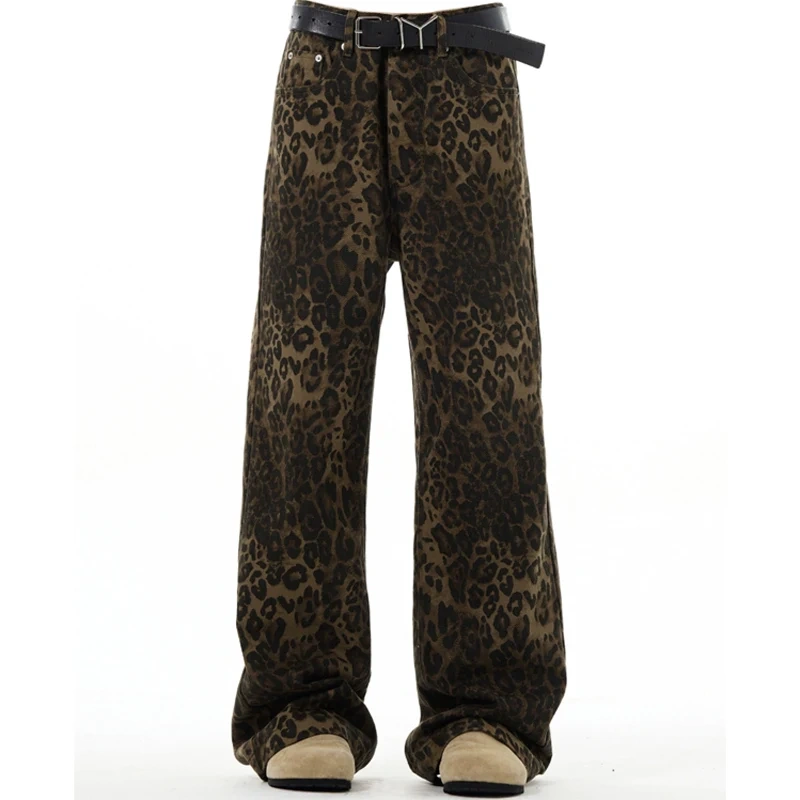 HEZ Fashion 2024 Vintage Leopard Print Leisure Mop Trousers Jeans Custom Logo Loose Baggy Jeans for Women