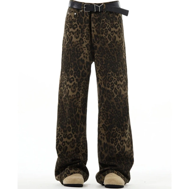 HEZ Fashion 2024 Vintage Leopard Print Leisure Mop Trousers Jeans Custom Logo Loose Baggy Jeans for Women
