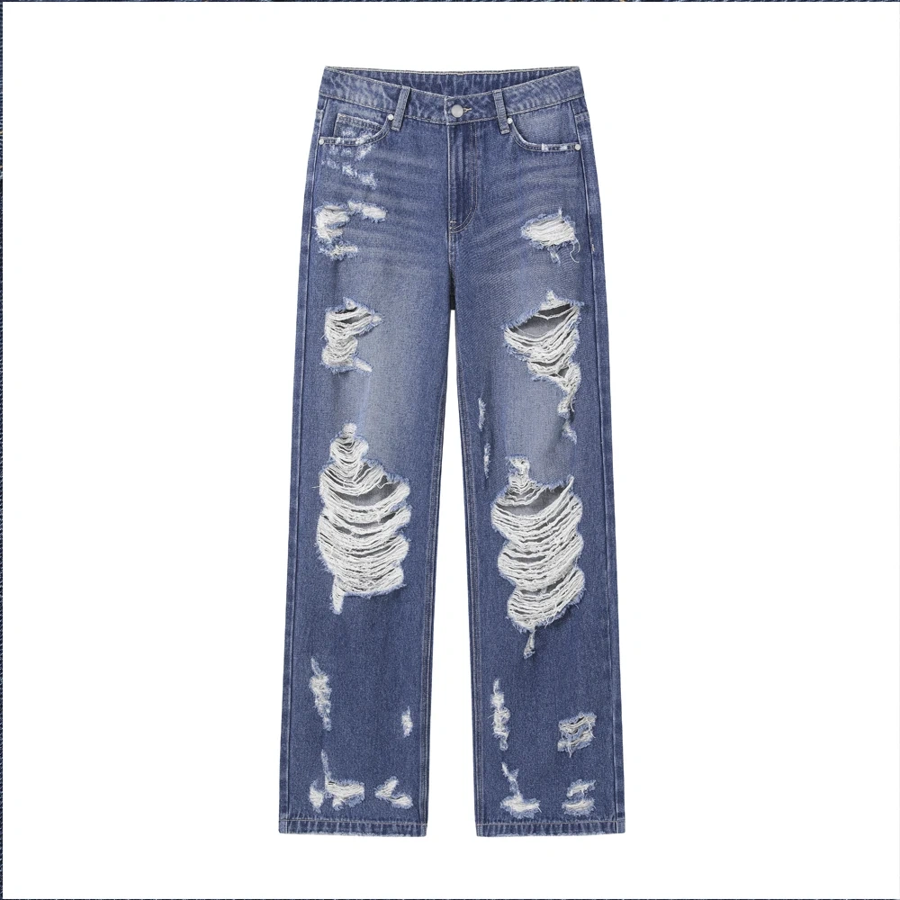 HEZ New arrival women fashion heavy distressed ripped holes jeans denim vintage loose fit straight leg jeans for ladies