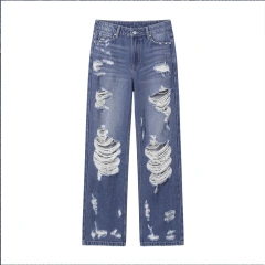 HEZ New arrival women fashion heavy distressed ripped holes jeans denim vintage loose fit straight leg jeans for ladies