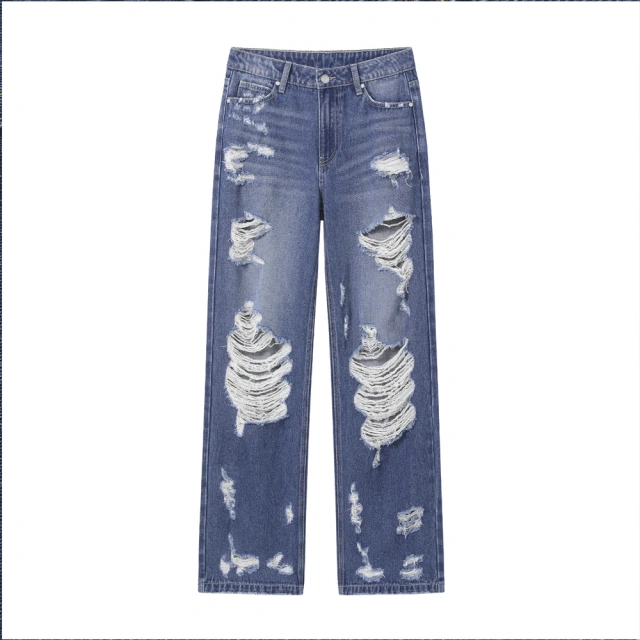 HEZ New arrival women fashion heavy distressed ripped holes jeans denim vintage loose fit straight leg jeans for ladies