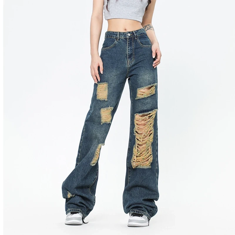HEZ American style blue washed damaged rip holes denim jeans women loose straight fit baggy jeans ladies pants trouser