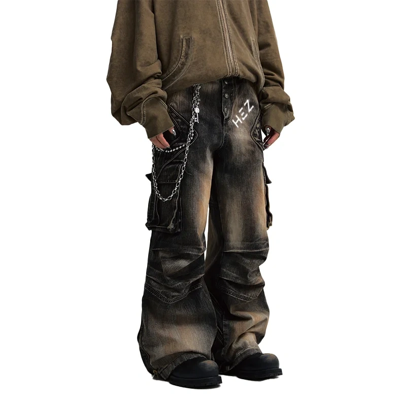 HEZ Custom factory heavy weigh multi pocket cargo distressed men denim jeans washed wide leg baggy denim jeans for men