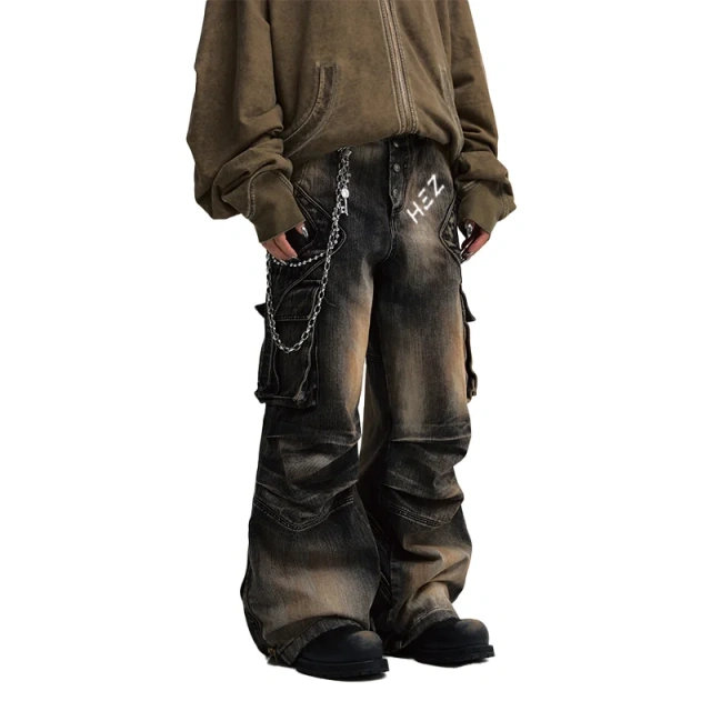 HEZ Custom factory heavy weigh multi pocket cargo distressed men denim jeans washed wide leg baggy denim jeans for men