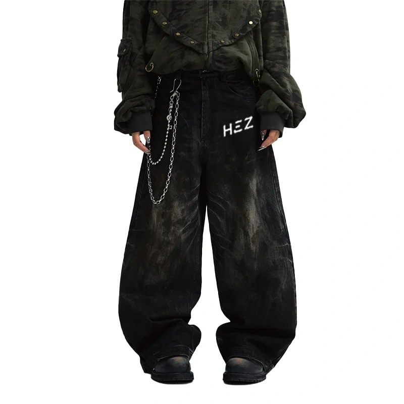 HEZ Jeans custom factory OEM service heavy weight loose baggy wide leg denim pants wide leg mud washed denim jeans for men