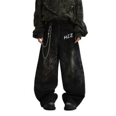 HEZ Jeans custom factory OEM service heavy weight loose baggy wide leg denim pants wide leg mud washed denim jeans for men