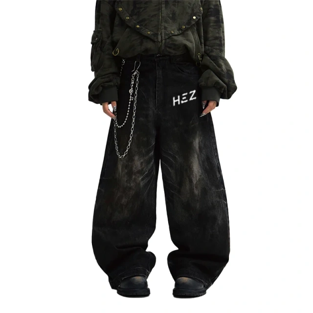 HEZ Jeans custom factory OEM service heavy weight loose baggy wide leg denim pants wide leg mud washed denim jeans for men