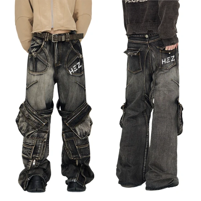 HEZ Custom jeans factory heavy weight retro wash loose baggy cargo denim pants hip hop multi pocket cargo jeans for men