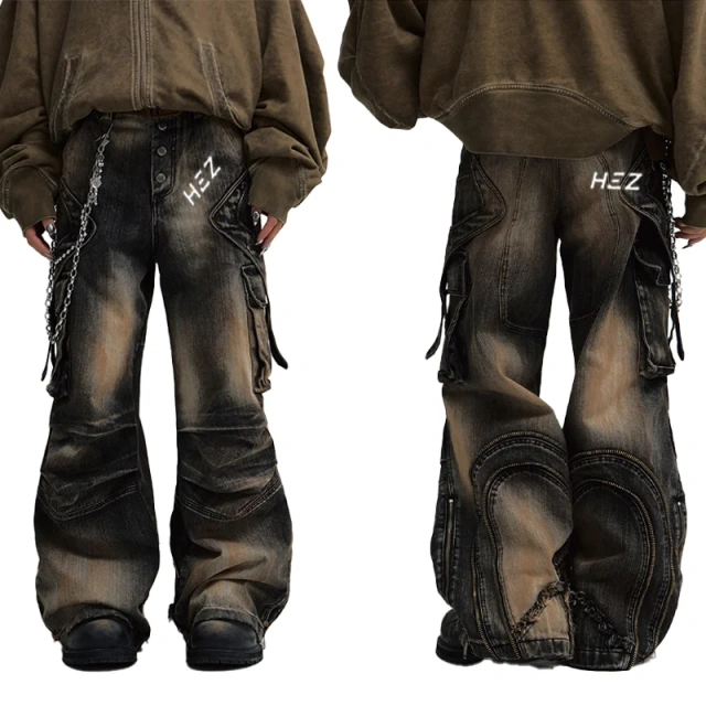 HEZ Custom factory heavy weigh multi pocket cargo distressed men denim jeans washed wide leg baggy denim jeans for men