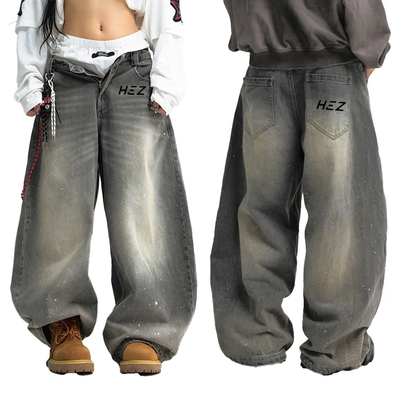 HEZ Custom factory supper baggy spray ink high street cargo unisex denim jeans loose wide leg jeans trousers for men