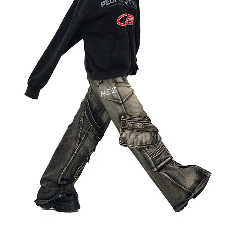 HEZ Custom jeans factory heavy weight retro wash loose baggy cargo denim pants hip hop multi pocket cargo jeans for men