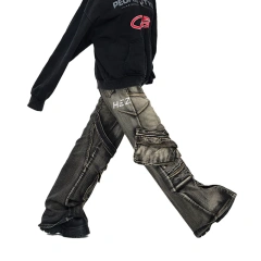 HEZ Custom jeans factory heavy weight retro wash loose baggy cargo denim pants hip hop multi pocket cargo jeans for men