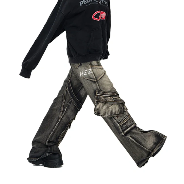 HEZ Custom jeans factory heavy weight retro wash loose baggy cargo denim pants hip hop multi pocket cargo jeans for men