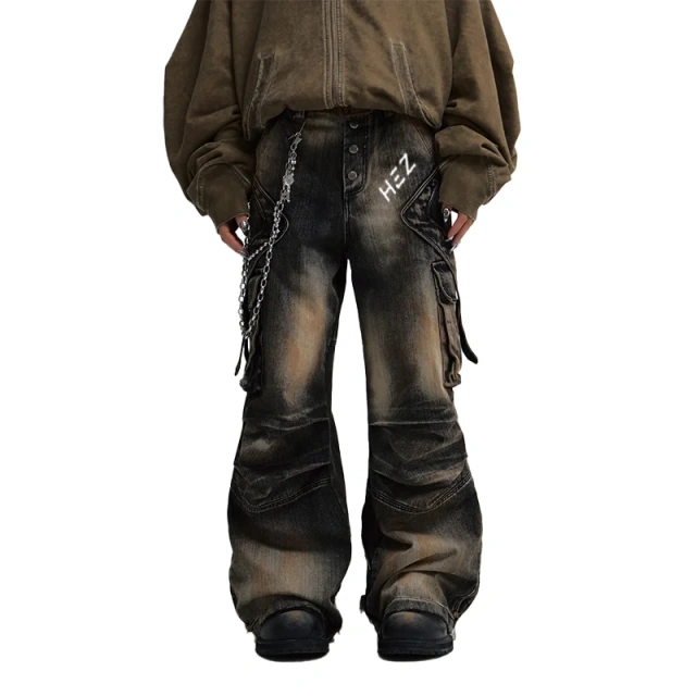 HEZ Custom factory heavy weigh multi pocket cargo distressed men denim jeans washed wide leg baggy denim jeans for men