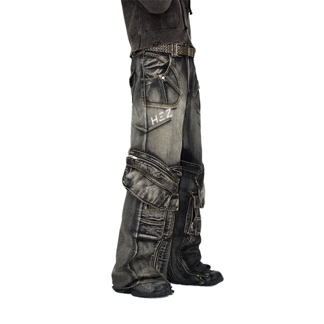 HEZ Custom jeans factory heavy weight retro wash loose baggy cargo denim pants hip hop multi pocket cargo jeans for men