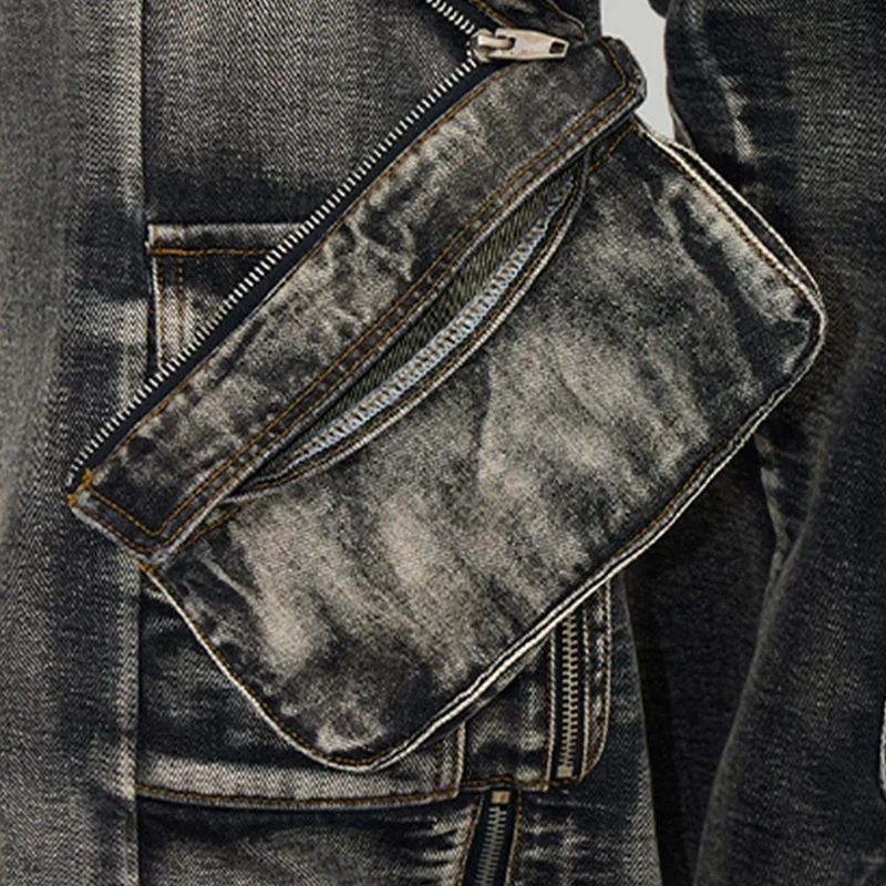 HEZ Custom jeans factory heavy weight retro wash loose baggy cargo denim pants hip hop multi pocket cargo jeans for men