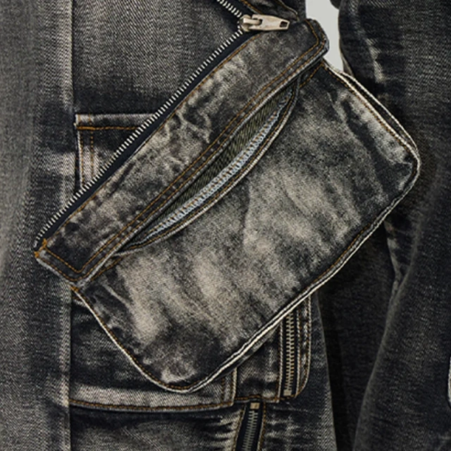 HEZ Custom jeans factory heavy weight retro wash loose baggy cargo denim pants hip hop multi pocket cargo jeans for men