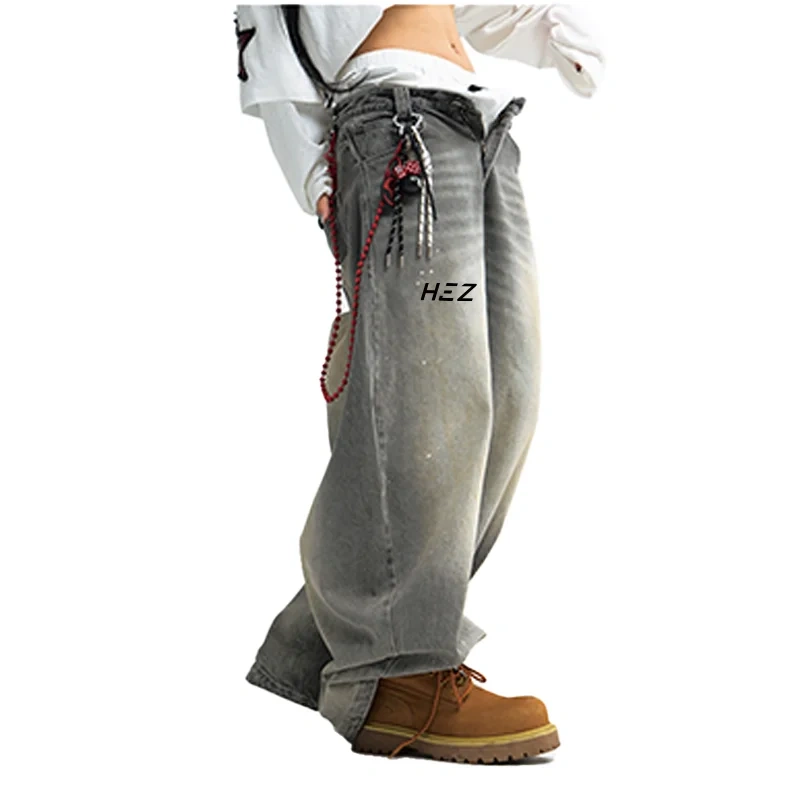 HEZ Custom factory supper baggy spray ink high street cargo unisex denim jeans loose wide leg jeans trousers for men