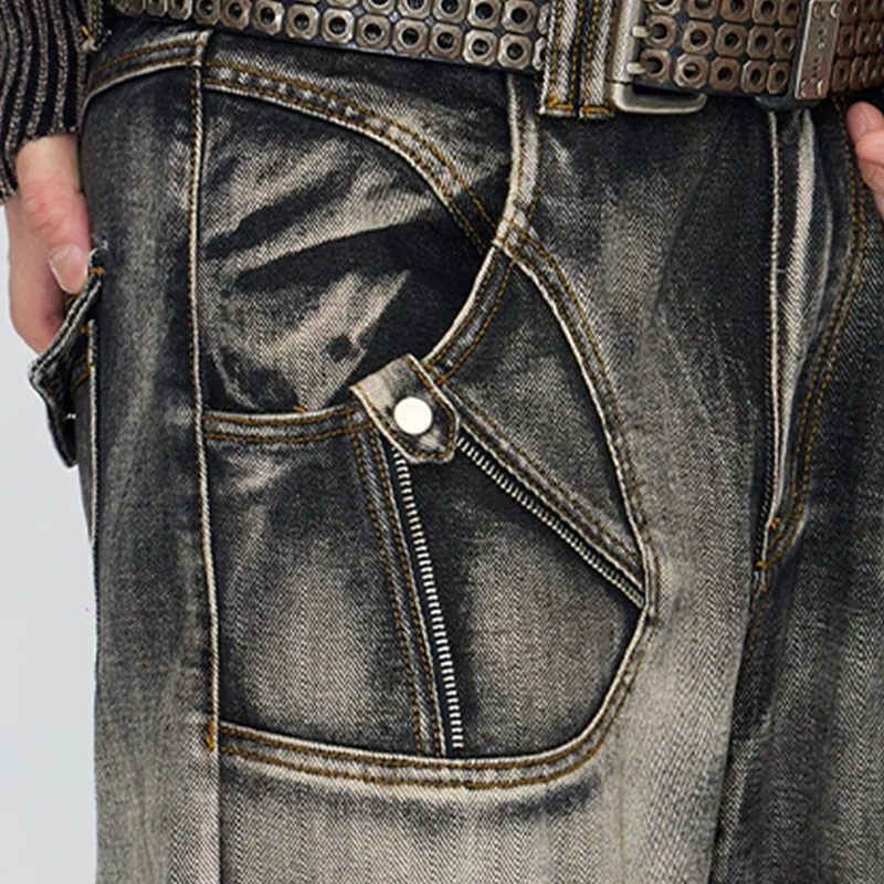 HEZ Custom jeans factory heavy weight retro wash loose baggy cargo denim pants hip hop multi pocket cargo jeans for men