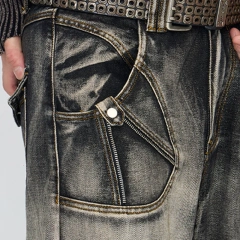 HEZ Custom jeans factory heavy weight retro wash loose baggy cargo denim pants hip hop multi pocket cargo jeans for men