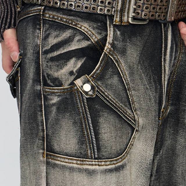 HEZ Custom jeans factory heavy weight retro wash loose baggy cargo denim pants hip hop multi pocket cargo jeans for men