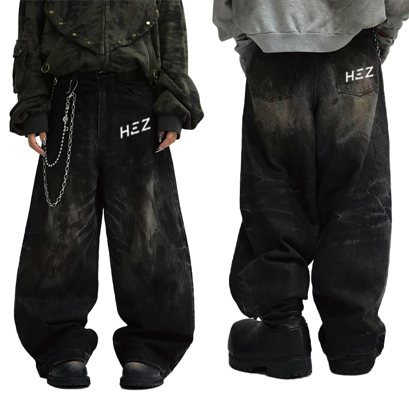 HEZ Jeans custom factory OEM service heavy weight loose baggy wide leg denim pants wide leg mud washed denim jeans for men