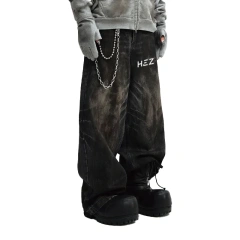 HEZ Jeans custom factory OEM service heavy weight loose baggy wide leg denim pants wide leg mud washed denim jeans for men