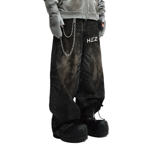 HEZ Jeans custom factory OEM service heavy weight loose baggy wide leg denim pants wide leg mud washed denim jeans for men