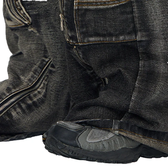 HEZ Custom jeans factory heavy weight retro wash loose baggy cargo denim pants hip hop multi pocket cargo jeans for men