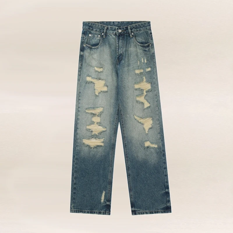 HEZ Custom Vintage Washed Girls Jeans Distressed Destroyed Holes Hip Hop Style Straight Fit Jeans Women Jeans Pants
