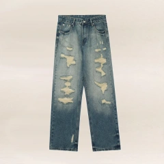 HEZ Custom Vintage Washed Girls Jeans Distressed Destroyed Holes Hip Hop Style Straight Fit Jeans Women Jeans Pants