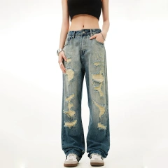 HEZ Custom Vintage Washed Girls Jeans Distressed Destroyed Holes Hip Hop Style Straight Fit Jeans Women Jeans Pants