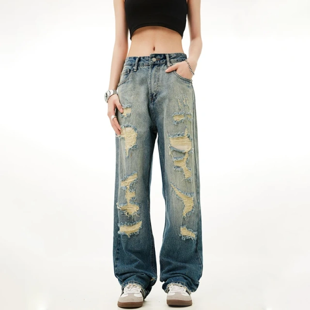 HEZ Custom Vintage Washed Girls Jeans Distressed Destroyed Holes Hip Hop Style Straight Fit Jeans Women Jeans Pants